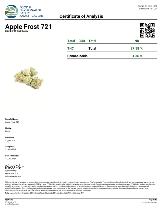 Apple Frost (H)  - THCa Flower (56 - 1 gram jars)