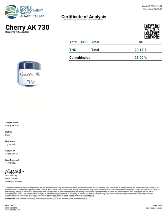 Cherry AK (S)  - THCa Flower (56 - 1 gram jars)