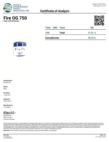 Fire OG (I)  - THCa Flower (56 - 1 gram jars)