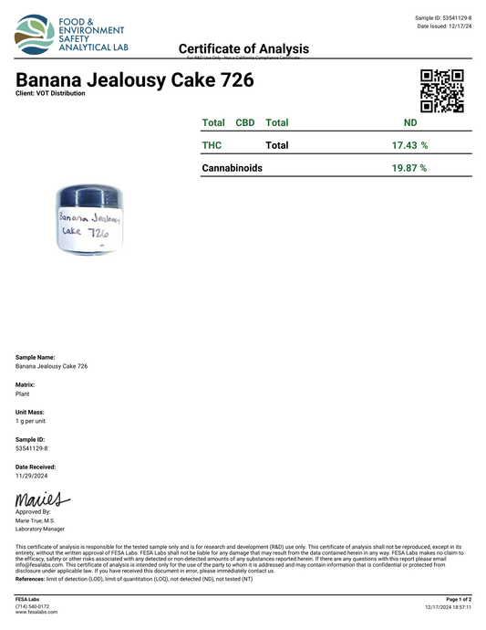 Banana Jealousy Cake (H)  - THCa Flower (56 - 1 gram jars)