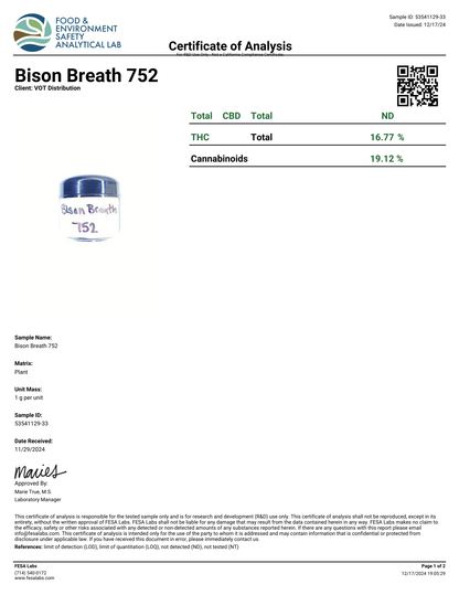 Bison Breath (S)  - THCa Flower (56 - 1 gram jars)