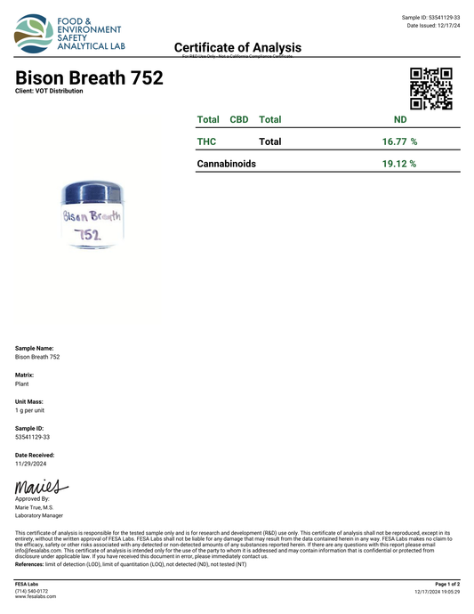Bison Breath (S)  - THCa Flower (56 - 1 gram jars)